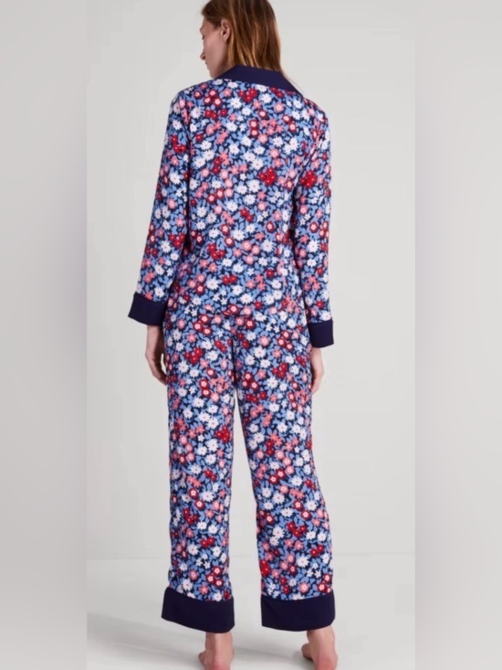 Kate Spade New York pajama set floral print navy blue contrast cuffs and collar